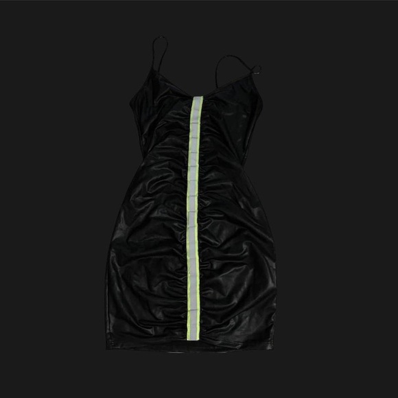 Forever 21 black faux leather dress with reflective neon yellow stripe - Picture 2 of 4
